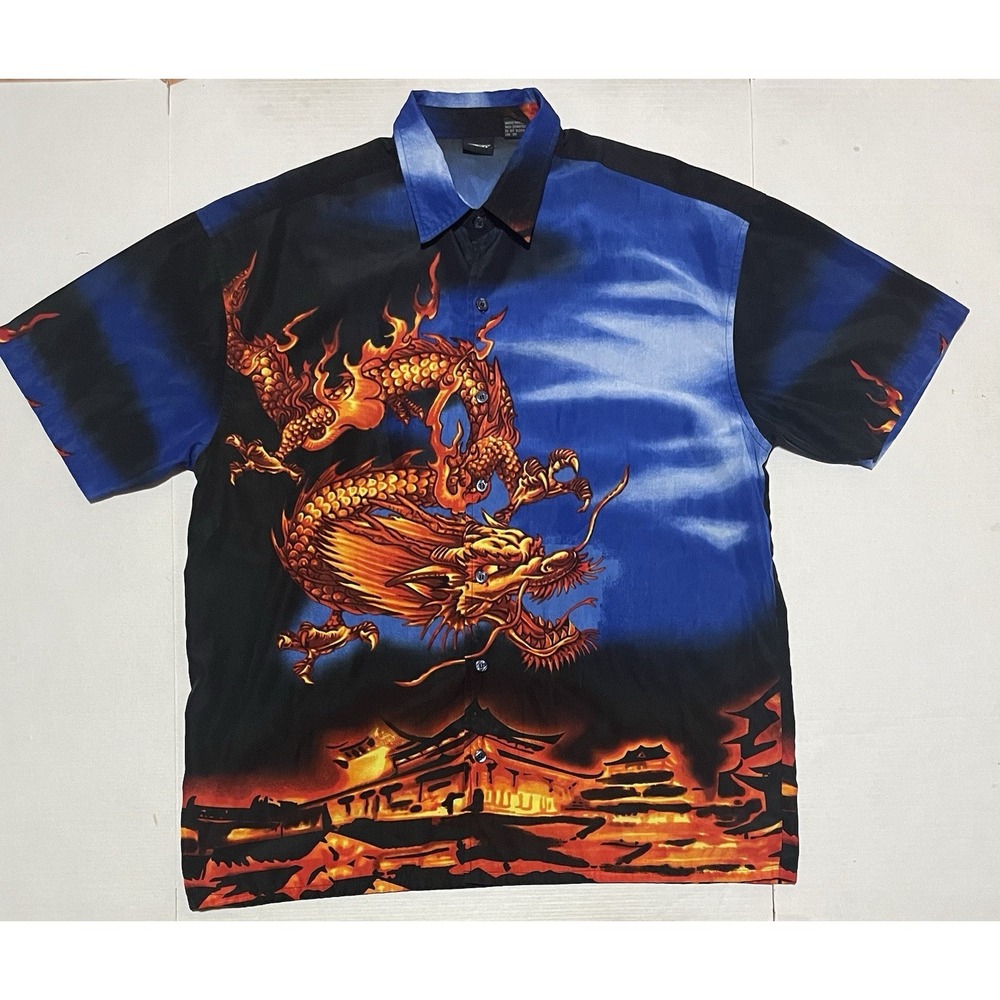 Amplify Dragon Button Up Shirt Mens Large Black Y2K Flame Graphic Polyester AOP